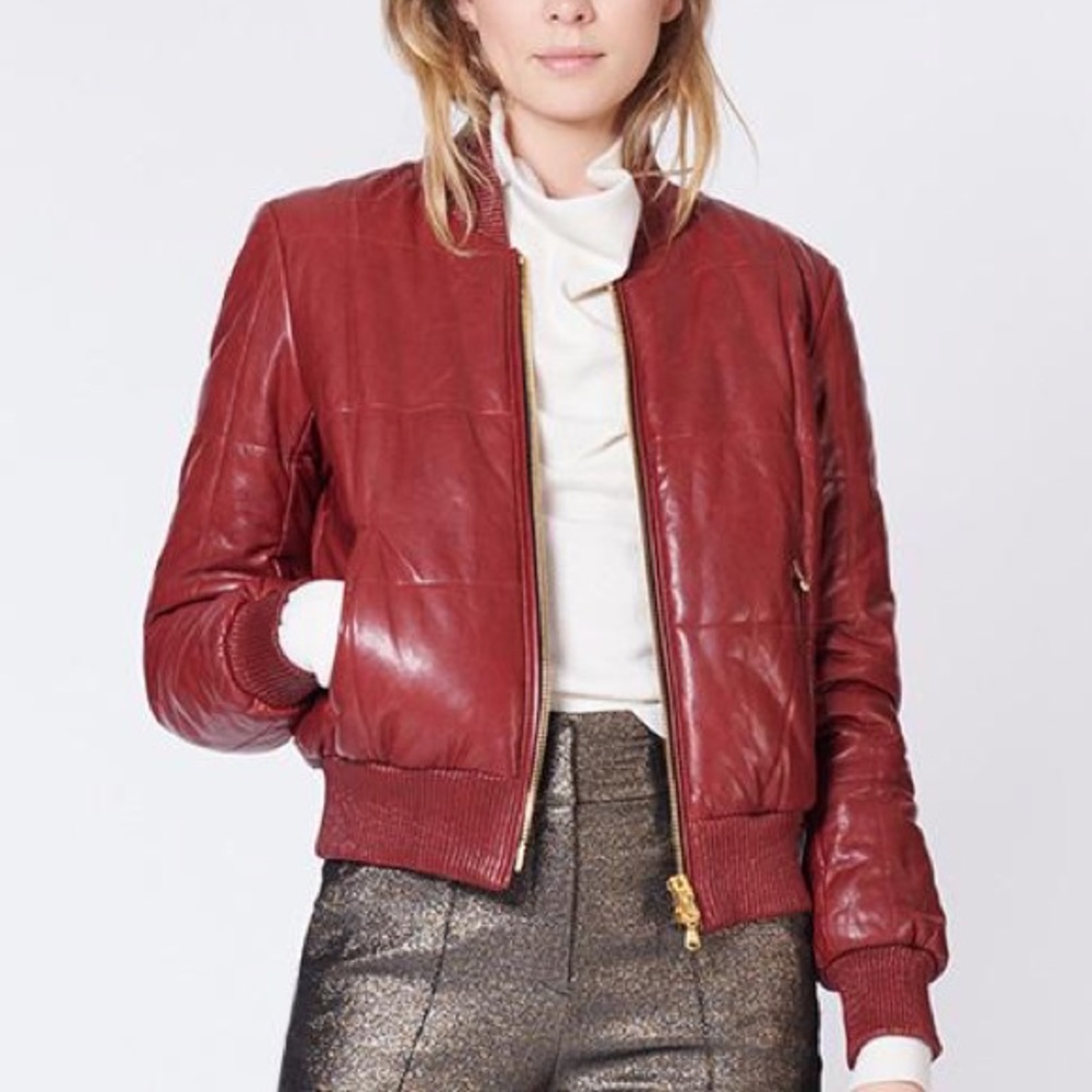 VERONICA BEARD Bordeaux Red Malin Quilted Leather Bomber Jacket